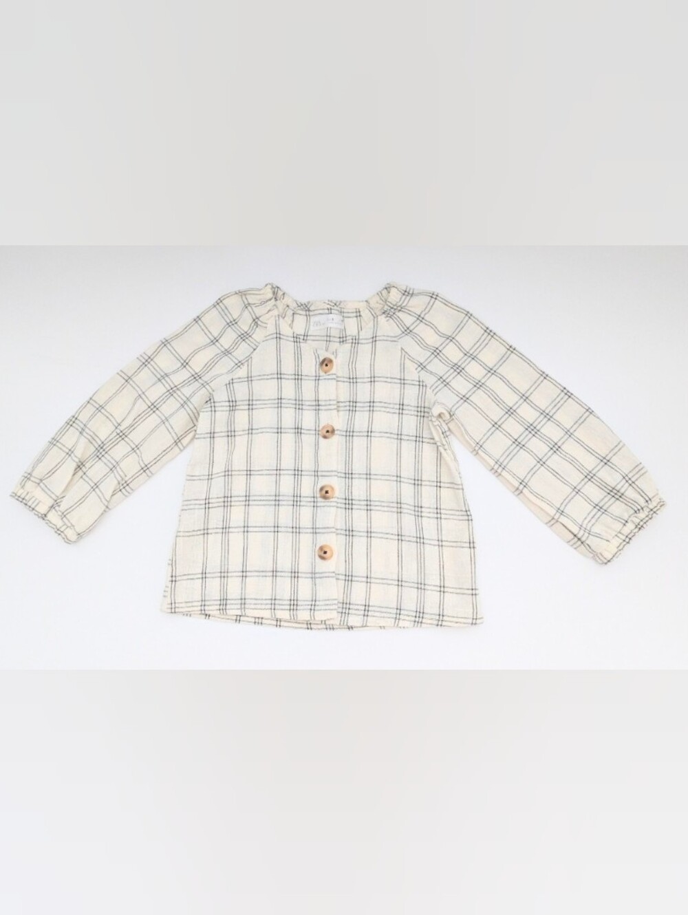 Zara Girls' (Size 6) Beige Button-Down V-Neck Blouse w/Black Grid Design